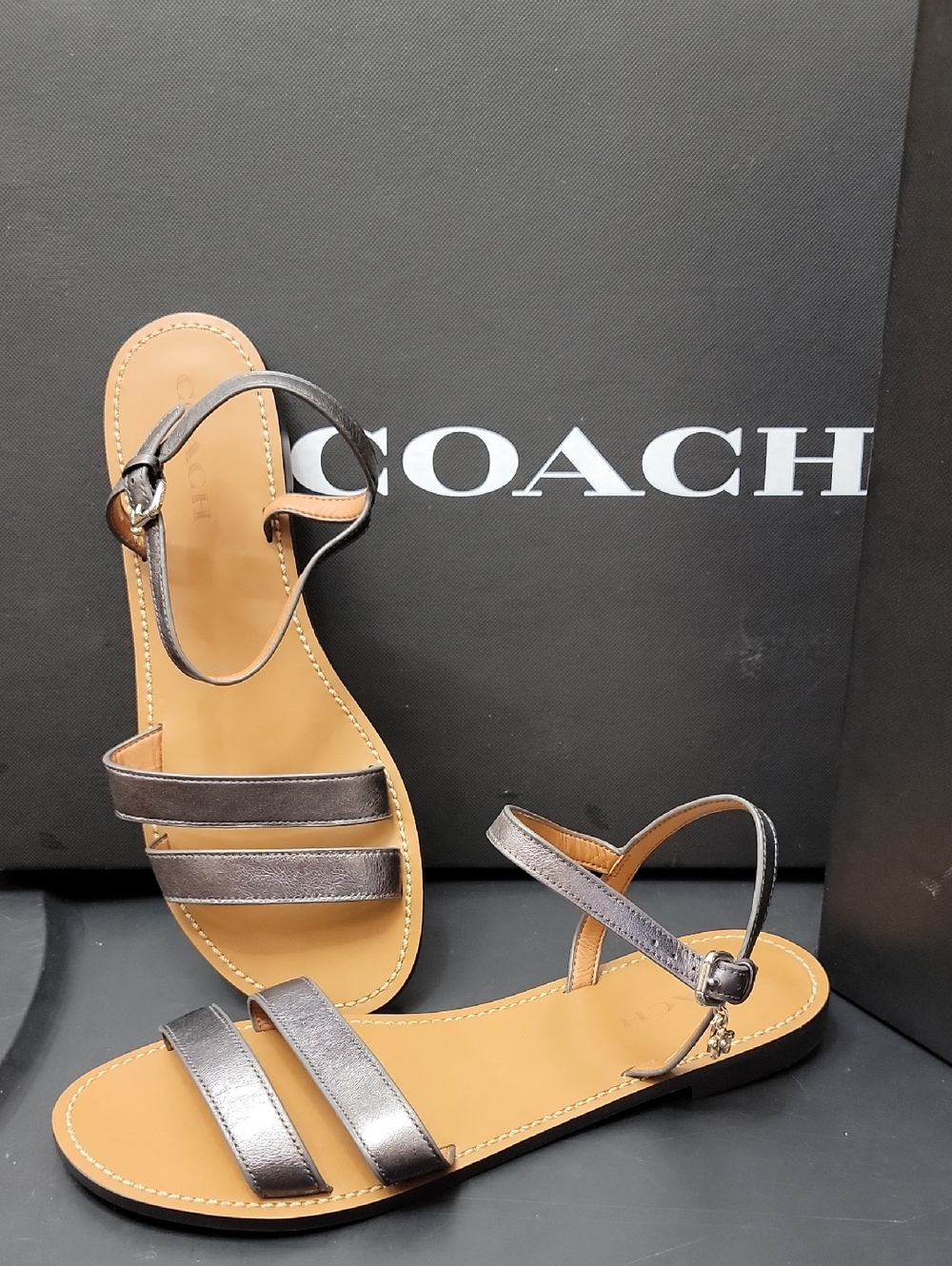NWOB Coach Metallic Pewter Double-Strap Women's Sandals